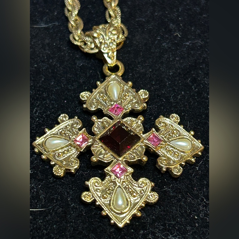 1928 Gold CrossNecklace with Pink and Red Accents - Picture 2 of 8